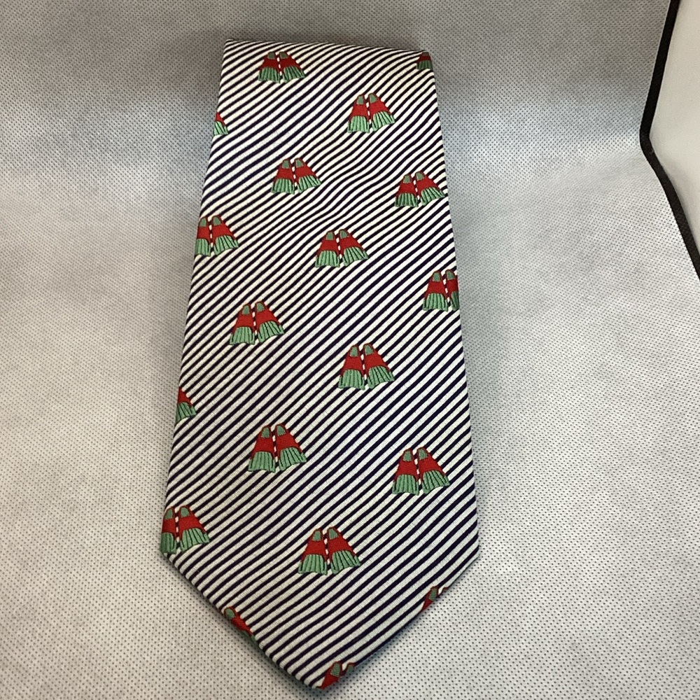 J. Crew Navy and White Striped Tie with Red & Green Crest Motif